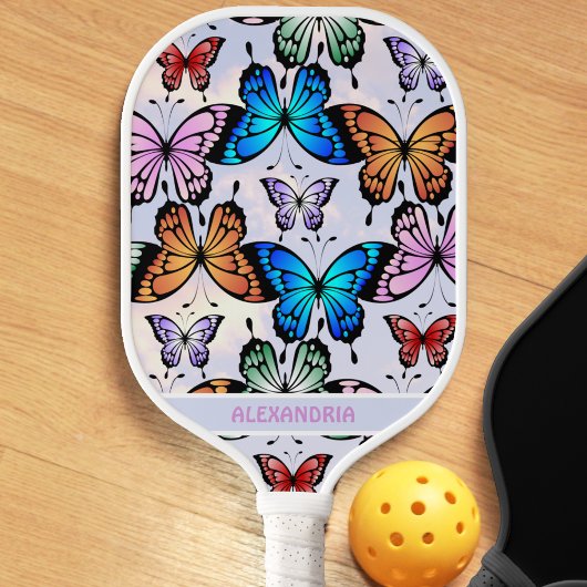 Raquette De Pickleball Mignonne Filles Papillon Motif Whimsical Blue Nom