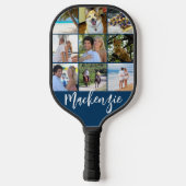 Raquette De Pickleball Modern 9 Photo Collage Nom de script Couleur perso (Verso)
