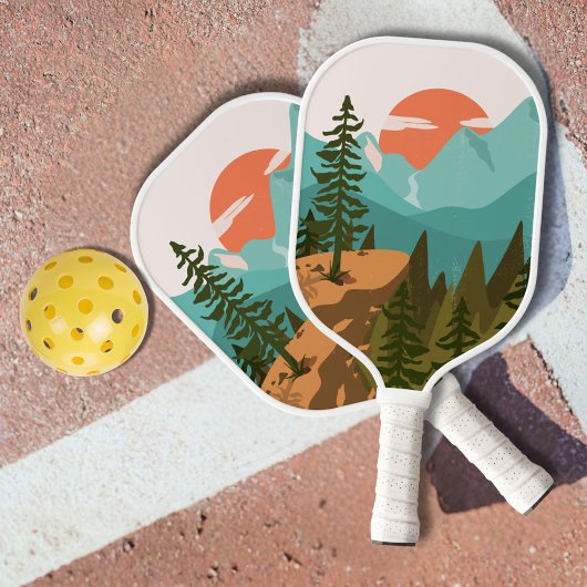 Raquette De Pickleball Modern Abstract Forest, Mountains, and Sunrise