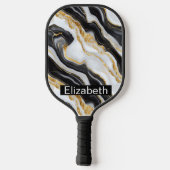 Raquette De Pickleball Modern Black White Gold Marble Personalized (Verso)