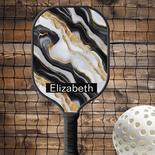 Raquette De Pickleball Modern Black White Gold Marble Personalized