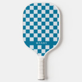 Raquette De Pickleball Modern Blue & White Checkerboard Custom Name (Recto)