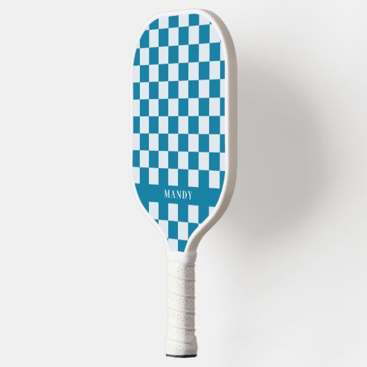 Raquette De Pickleball Modern Blue & White Checkerboard Custom Name (Gauche)