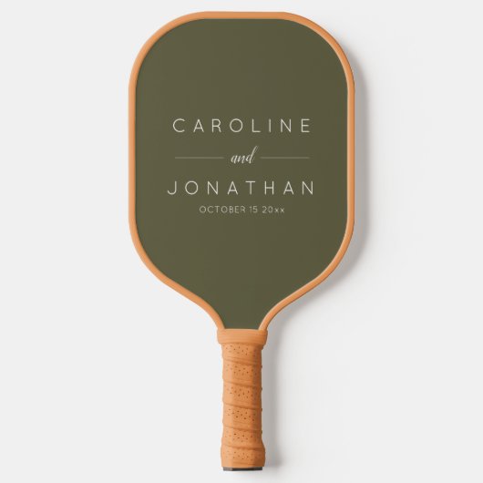 Raquette De Pickleball Modern Minimalist Custom Wedding Names Olive Moss (Recto)