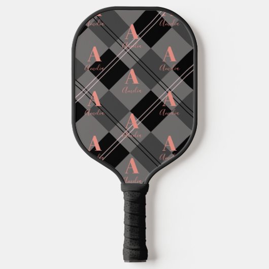 Raquette De Pickleball Moderne Monogramme Plaid gris rose noir (Recto)