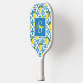 Raquette De Pickleball Monogram Name Blue French Tile Lemon Pattern  (Gauche)