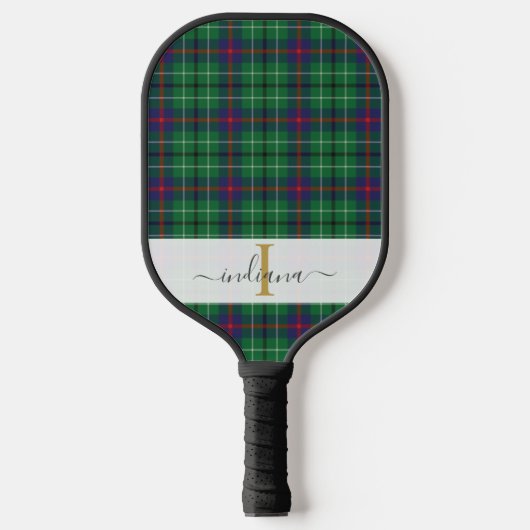 Raquette De Pickleball Monogram Script Nom Classique Carreaux Vert Tartan (Recto)