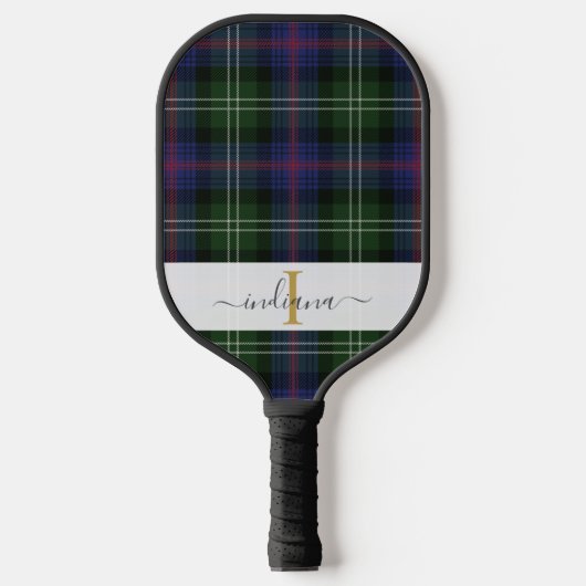 Raquette De Pickleball Monogram Script Nom Plaid Vert Violet Tartan (Recto)