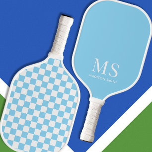 Raquette De Pickleball Monogramme À damiers bleu esthétique