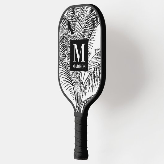 Raquette De Pickleball Monogramme Abstrait Feuille noir et blanc Palm Tre (Gauche)