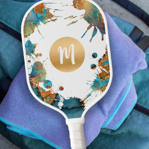 Raquette De Pickleball Monogramme Aquarelle Or Turquoise Orange Splatter