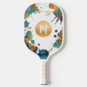 Raquette De Pickleball Monogramme Aquarelle Or Turquoise Orange Splatter (Recto)