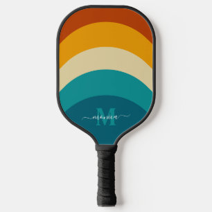 Raquette De Pickleball Monogramme arc-en-ciel Nom personnalisé Retro Suns