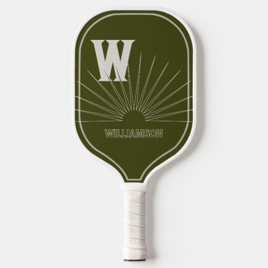 Raquette De Pickleball Monogramme avec Sunburst & nom vert olive (Recto)