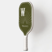 Raquette De Pickleball Monogramme avec Sunburst & nom vert olive (Gauche)