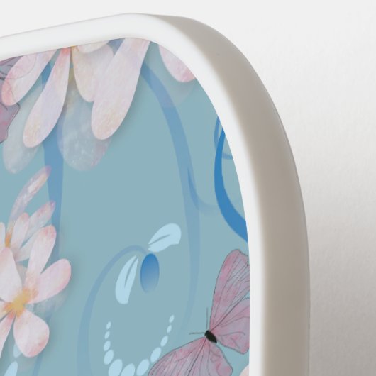 Raquette De Pickleball Monogramme Bleu papillon floral (Détail gauche)