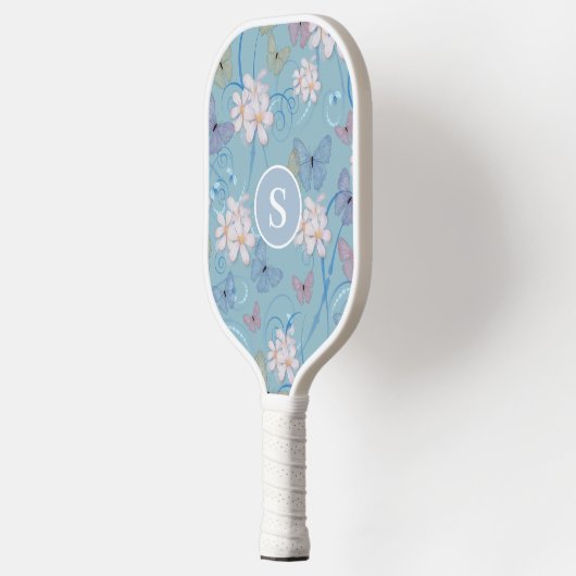 Raquette De Pickleball Monogramme Bleu papillon floral (Gauche)