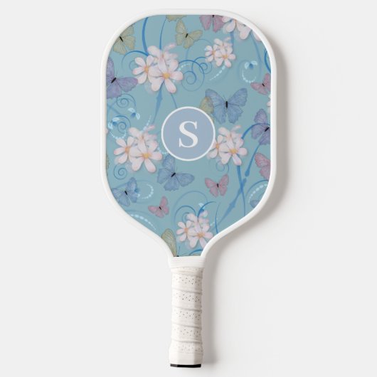 Raquette De Pickleball Monogramme Bleu papillon floral (Verso)