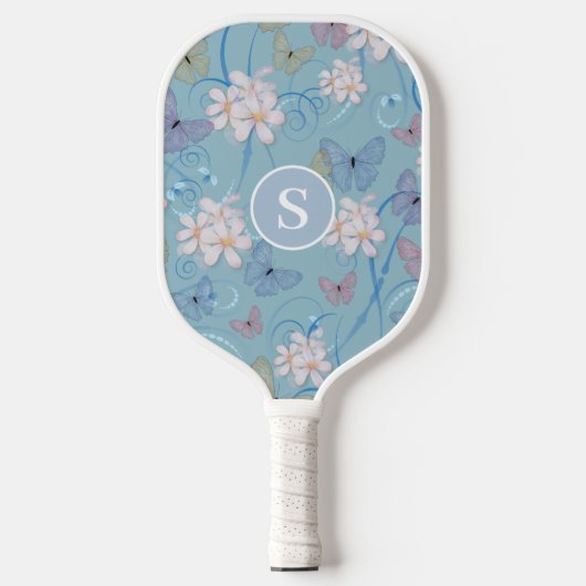 Raquette De Pickleball Monogramme Bleu papillon floral (Recto)