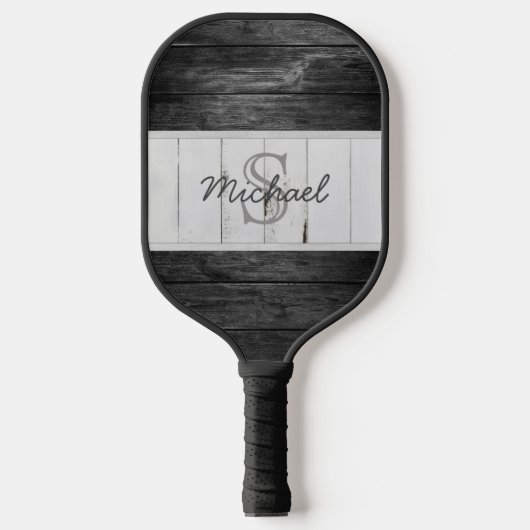 Raquette De Pickleball Monogramme Bois Rustique Noir Blanc (Recto)