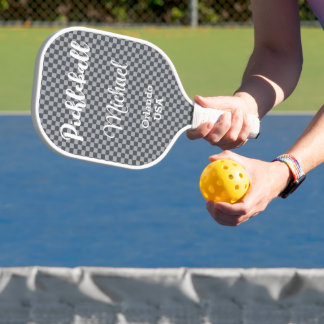 Raquette De Pickleball Monogramme damier gris et argent moderne