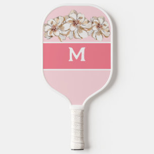 Raquette De Pickleball Monogramme de Magnolia rose personnalisé