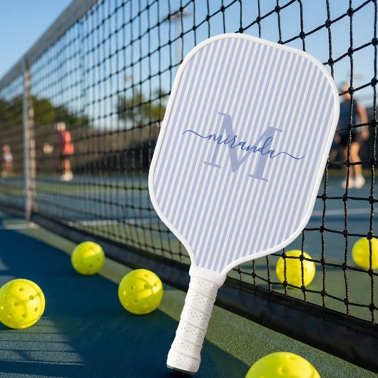 Raquette De Pickleball Monogramme de nom à rayures bleues