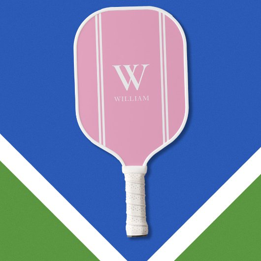 Raquette De Pickleball Monogramme de nom initial rose et blanc moderne