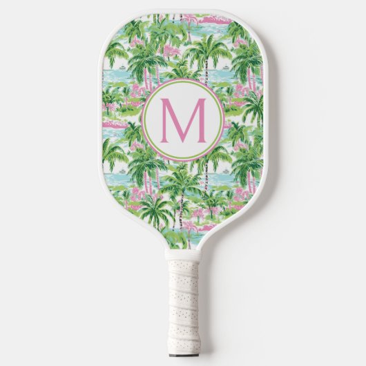 Raquette De Pickleball Monogramme de palmiers roses et verts Preppy (Recto)