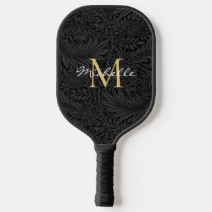 Raquette De Pickleball Monogramme de script floral noir élégant or