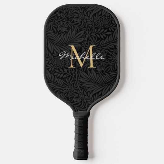 Raquette De Pickleball Monogramme de script floral noir élégant or (Verso)