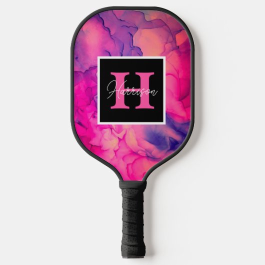 Raquette De Pickleball Monogramme d'encre d'alcool rose chaud personnalis (Recto)