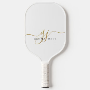 Raquette De Pickleball Monogramme d'or noir moderne Nom du script féminin