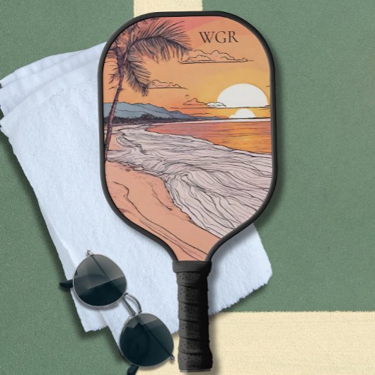 Raquette De Pickleball Monogramme du coucher de soleil sur la mer