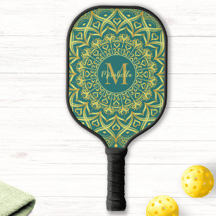 Raquette De Pickleball Monogrammé Élégante Fille Mandala Vert Turquoise