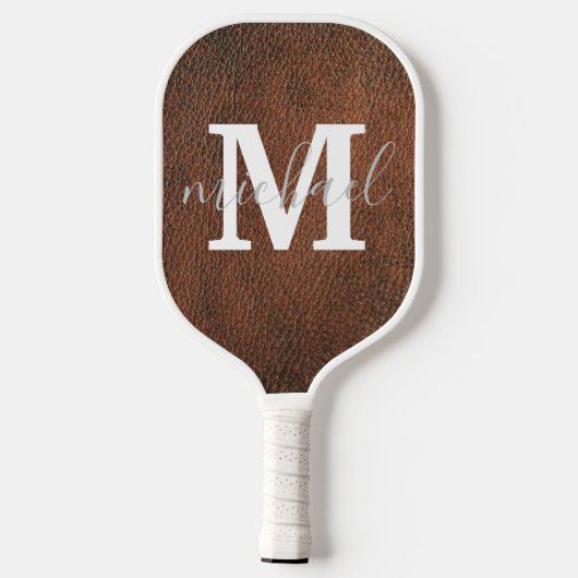 Raquette De Pickleball monogramme en cuir marron élégant personnalisé (Verso)
