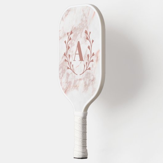 Raquette De Pickleball Monogramme en marbre rose Filles personnalisées in (Gauche)