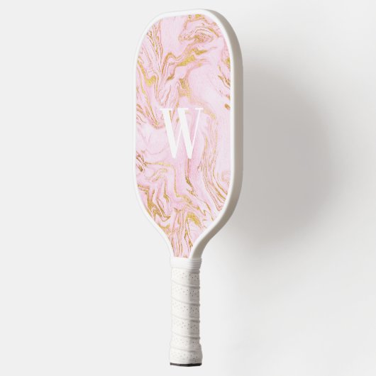 Raquette De Pickleball Monogramme en marbre rose Parties scintillant or (Gauche)