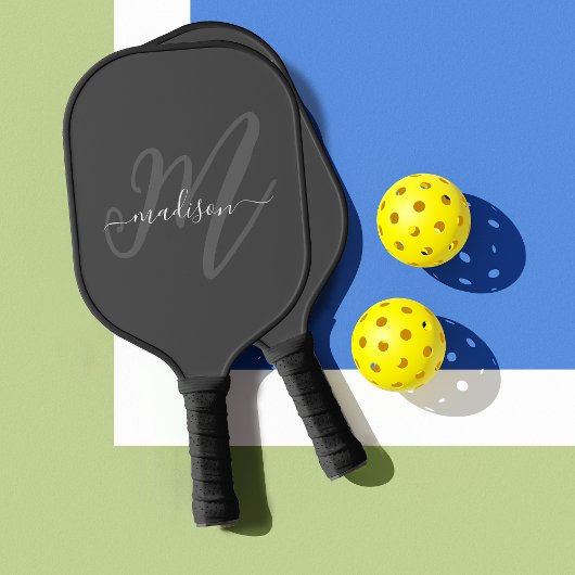 Raquette De Pickleball Monogramme et nom du script stylish gris neutre