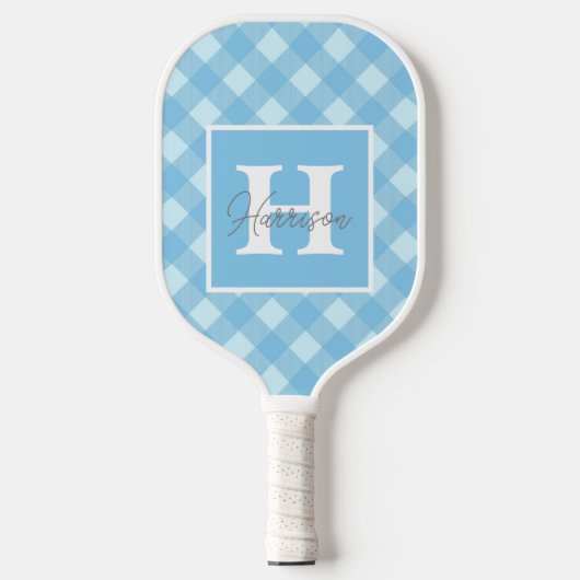 Raquette De Pickleball Monogramme et nom En vichy bleu personnalisés (Recto)
