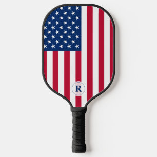 Raquette De Pickleball Monogramme États-Unis Drapeau Étoiles et rayures