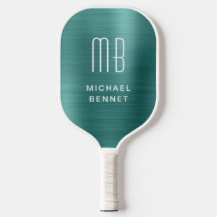 Raquette De Pickleball Monogramme Faux Émeraude Vert Métallique Brossé