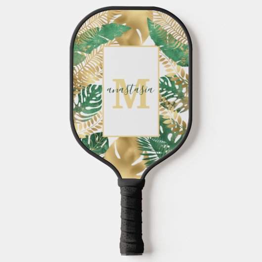 Raquette De Pickleball Monogramme Feuille Tropical Vert Or Moderne (Recto)