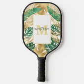 Raquette De Pickleball Monogramme Feuille Tropical Vert Or Moderne (Verso)