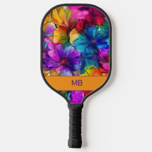 Raquette De Pickleball Monogramme floral à l'encre d'alcool orange bleu v