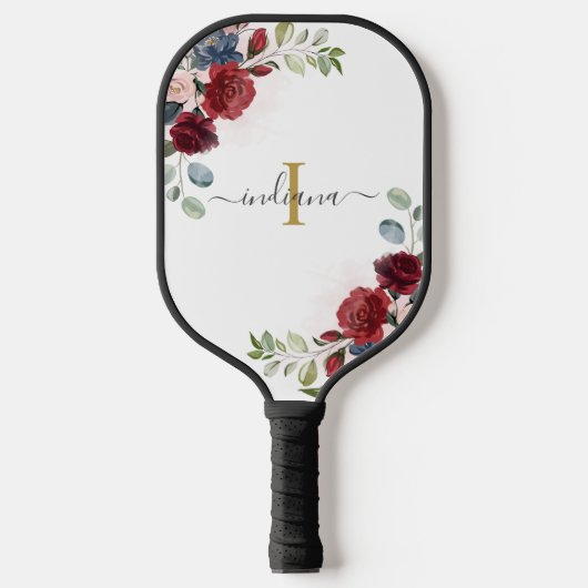 Raquette De Pickleball Monogramme floral initial nom burgundy script (Recto)
