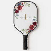 Raquette De Pickleball Monogramme floral Script Nom initial Bourgogne (Verso)