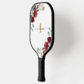 Raquette De Pickleball Monogramme floral Script Nom initial Bourgogne (Gauche)