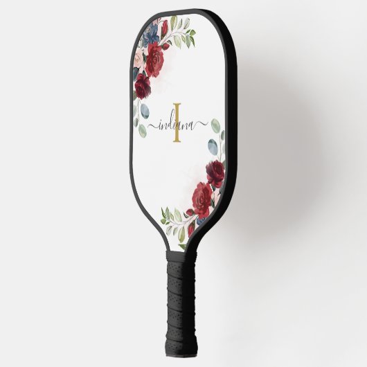 Raquette De Pickleball Monogramme floral Script Nom initial Bourgogne (Gauche)