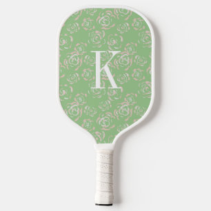 Raquette De Pickleball Monogramme floral vert et rose personnalisé